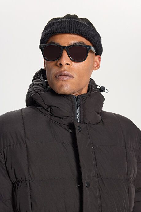 Standard Fit Regular Fit Hooded Stand Collar Black Coat with Side Pockets ETE07252510039SYH