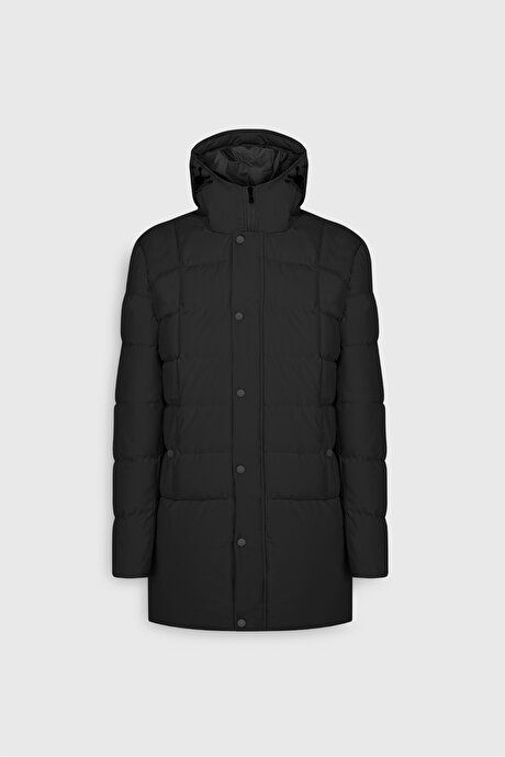 Standard Fit Regular Fit Hooded Stand Collar Black Coat with Side Pockets ETE07252510039SYH