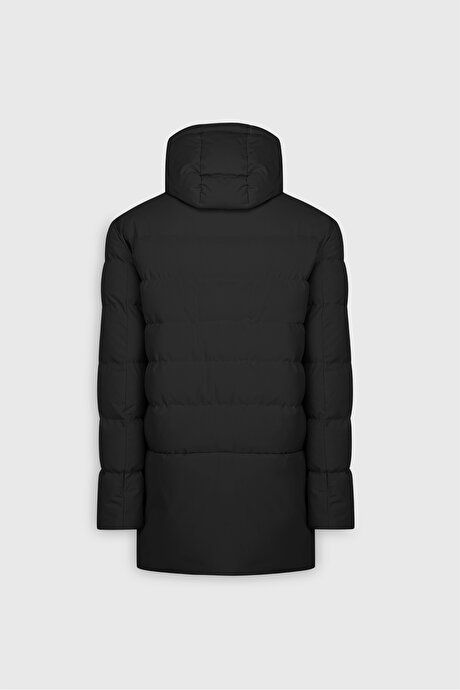 Standard Fit Regular Fit Hooded Stand Collar Black Coat with Side Pockets ETE07252510039SYH