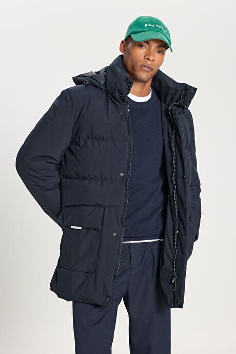 Standard Fit Regular Fit Hood Stand Up Hood Stand Collar Navy Blue Coat with Pouch Pocket ETE072510040LAC