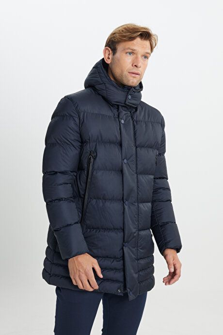 Standard Fit Regular Fit Pullover Hooded Stand Collar Navy Blue Coat with Side Pockets ETE072510041LAC