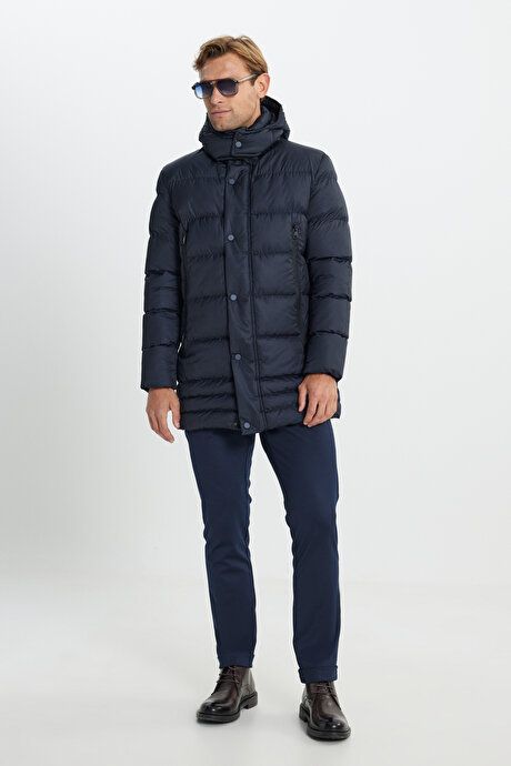 Standard Fit Regular Fit Pullover Hooded Stand Collar Navy Blue Coat with Side Pockets ETE072510041LAC