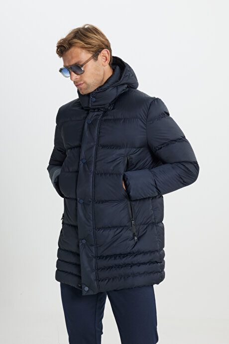 Standard Fit Regular Fit Pullover Hooded Stand Collar Navy Blue Coat with Side Pockets ETE072510041LAC