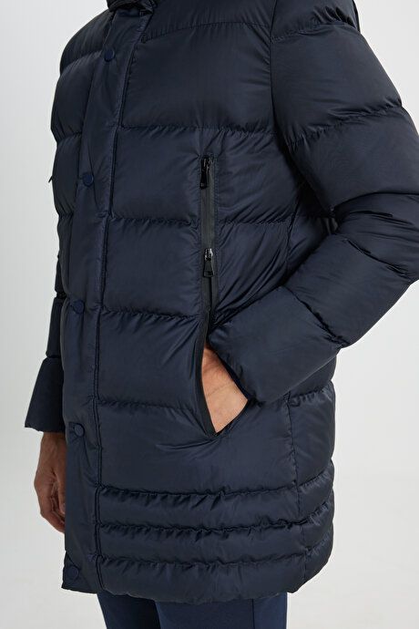 Standard Fit Regular Fit Pullover Hooded Stand Collar Navy Blue Coat with Side Pockets ETE072510041LAC