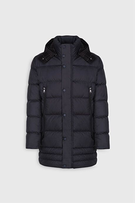 Standard Fit Regular Fit Pullover Hooded Stand Collar Navy Blue Coat with Side Pockets ETE072510041LAC