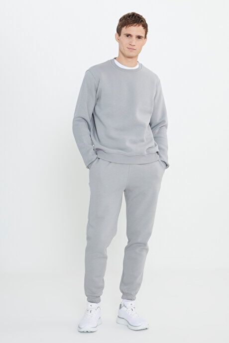 Warm Cotton 3 Yarn Fleece Inside Standard Fit Regular Fit Gray Tracksuit Set with Pockets ETE094251019GRI