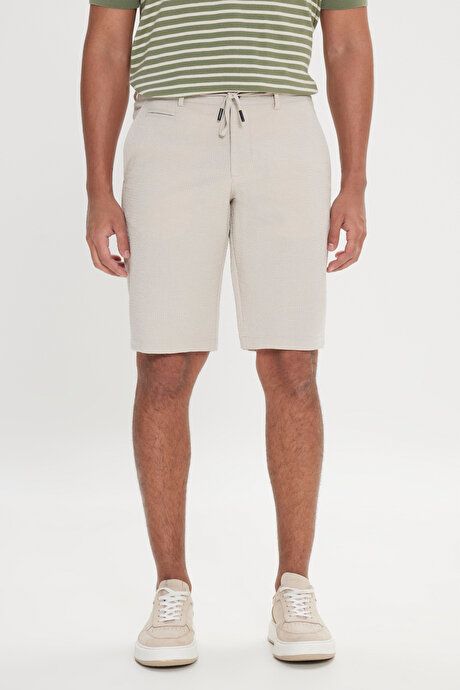 Slim Fit Slim Fit Seersucker Beige Shorts with Side Pockets YDA022420001BEJ