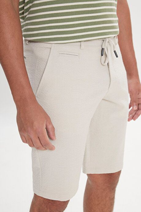 Slim Fit Slim Fit Seersucker Beige Shorts with Side Pockets YDA022420001BEJ