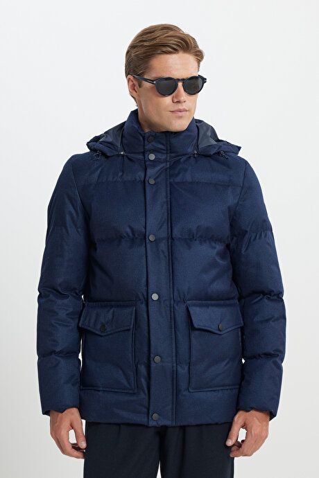 Standard Fit Regular Fit Hooded Navy Blue Coat 4A0724100009LAC