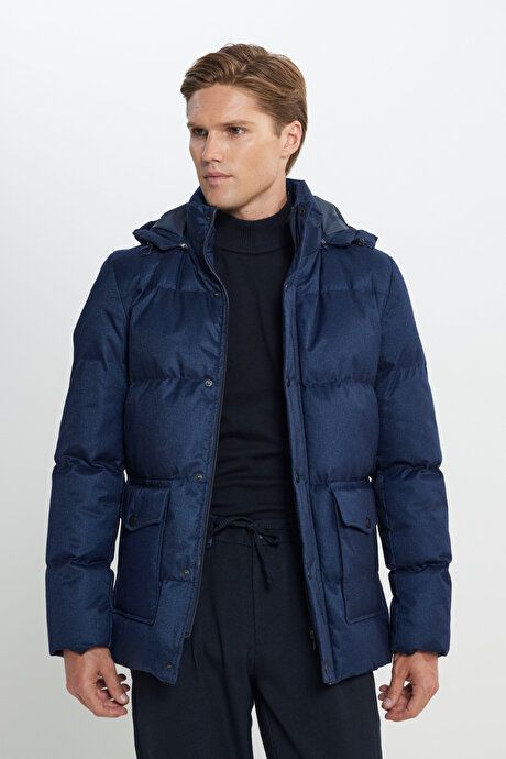 Standard Fit Regular Fit Hooded Navy Blue Coat 4A0724100009LAC