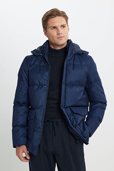 Standard Fit Regular Fit Hooded Navy Blue Coat 4A0724100009LAC