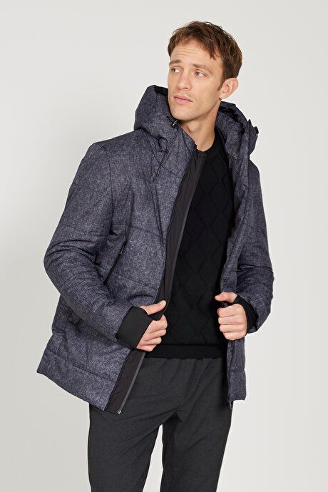 Standard Fit Regular Fit Hooded Patterned Anthracite Coat 4A0824100014ATR