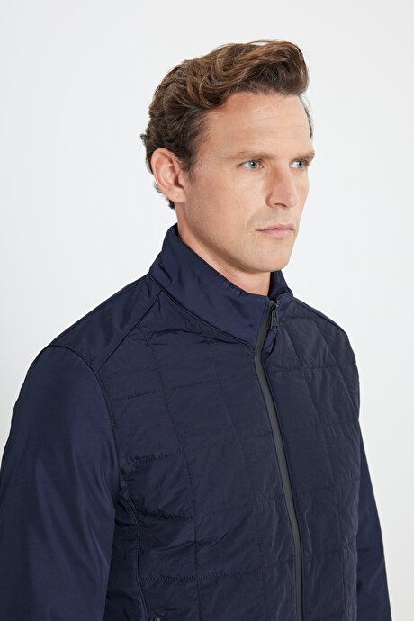 Standard Fit Regular Fit Stand Collar Patterned Navy Blue Coat 4A0824100016LAC