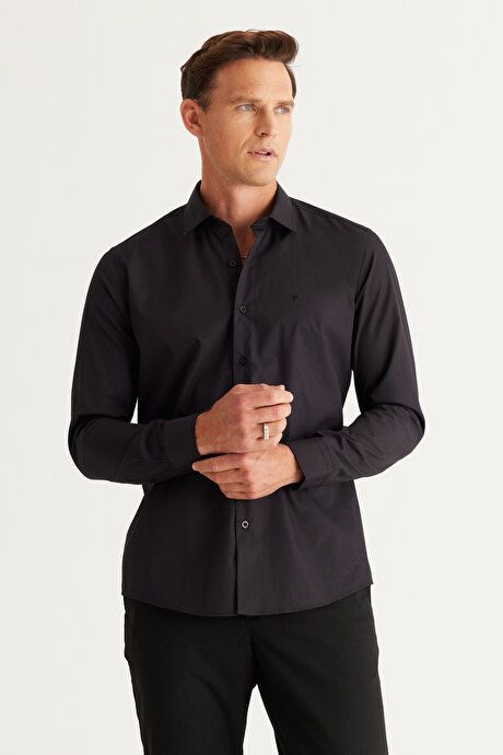 Easy Iron Slim Fit Slim Fit Slim Fit Classic Collar Cotton Black Shirt 4A2000000001SYH