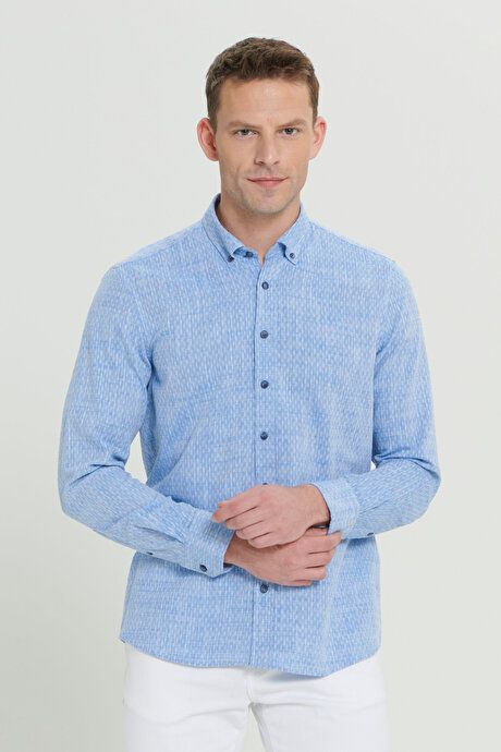 Slim Fit Slim Fit 100% Cotton Button-down Collar Dobby Blue Shirt 4A2022200071MAV