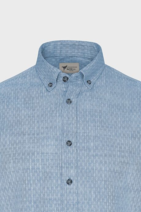 Slim Fit Slim Fit 100% Cotton Button-down Collar Dobby Blue Shirt 4A2022200071MAV