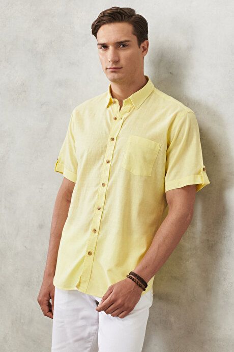 Comfort Fit Relaxed Fit Hidden Button Collar Linen Look 100% Cotton Flamed Light Yellow Shirt 4A2022200132ASA