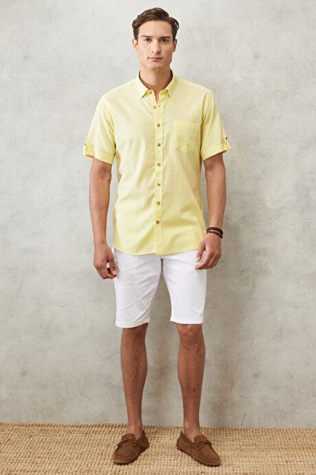 Comfort Fit Relaxed Fit Hidden Button Collar Linen Look 100% Cotton Flamed Light Yellow Shirt 4A2022200132ASA