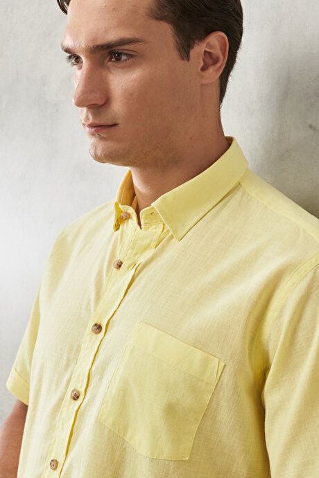 Comfort Fit Relaxed Fit Hidden Button Collar Linen Look 100% Cotton Flamed Light Yellow Shirt 4A2022200132ASA