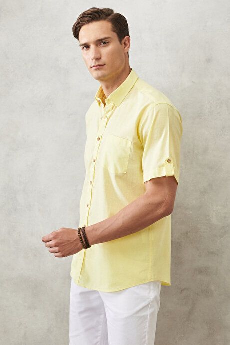 Comfort Fit Relaxed Fit Hidden Button Collar Linen Look 100% Cotton Flamed Light Yellow Shirt 4A2022200132ASA