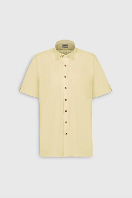 Comfort Fit Relaxed Fit Hidden Button Collar Linen Look 100% Cotton Flamed Light Yellow Shirt 4A2022200132ASA