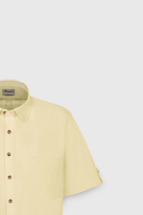 Comfort Fit Relaxed Fit Hidden Button Collar Linen Look 100% Cotton Flamed Light Yellow Shirt 4A2022200132ASA