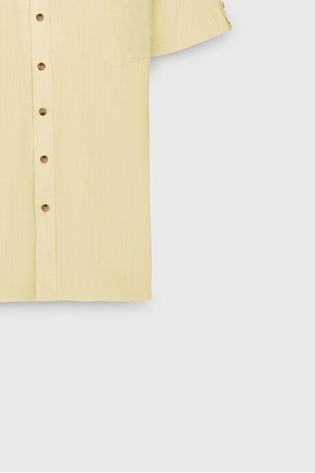 Comfort Fit Relaxed Fit Hidden Button Collar Linen Look 100% Cotton Flamed Light Yellow Shirt 4A2022200132ASA