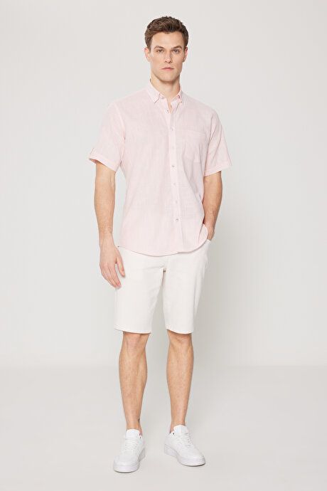 Comfort Fit Relaxed Fit Hidden Button Collar Linen Look 100% Cotton Flared Pink Shirt 4A2022200132PMB