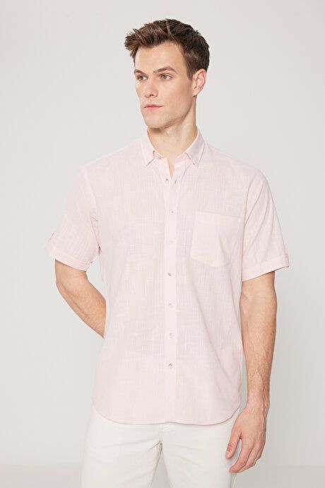 Comfort Fit Relaxed Fit Hidden Button Collar Linen Look 100% Cotton Flared Pink Shirt 4A2022200132PMB