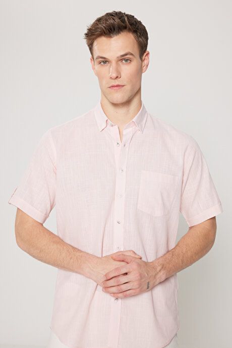 Comfort Fit Relaxed Fit Hidden Button Collar Linen Look 100% Cotton Flared Pink Shirt 4A2022200132PMB