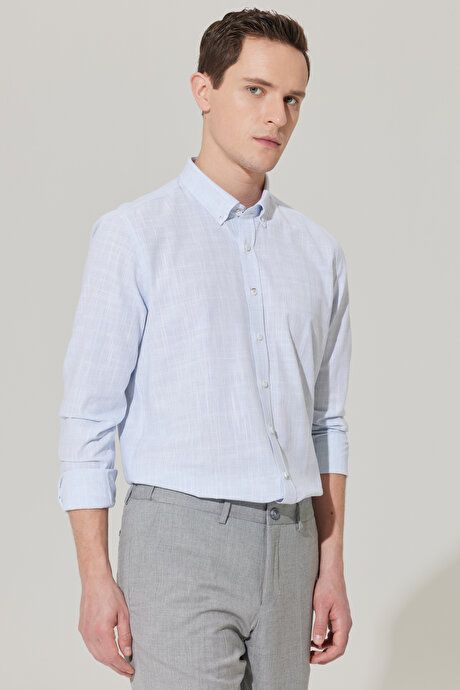 Slim Fit Slim Fit Button-down Collar Linen Look 100% Cotton Flared Blue Shirt 4A2023200006MAV