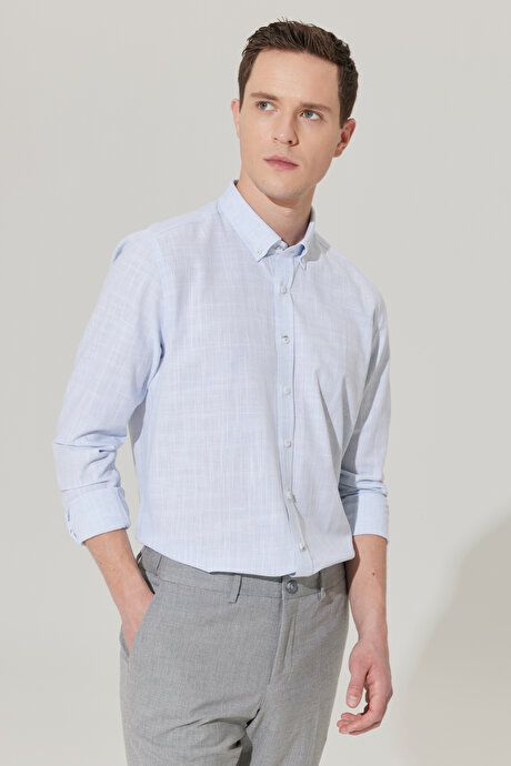 Slim Fit Slim Fit Button-down Collar Linen Look 100% Cotton Flared Blue Shirt 4A2023200006MAV