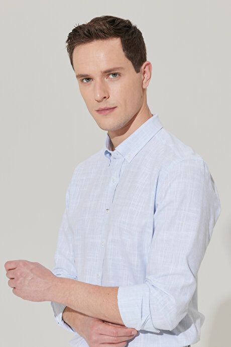 Slim Fit Slim Fit Button-down Collar Linen Look 100% Cotton Flared Blue Shirt 4A2023200006MAV