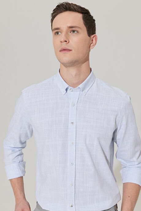 Slim Fit Slim Fit Button-down Collar Linen Look 100% Cotton Flared Blue Shirt 4A2023200006MAV