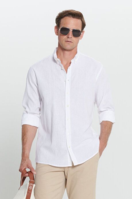 Linen Comfort Fit Relaxed Fit Button-down Collar White Shirt 4A2024200036BYZ