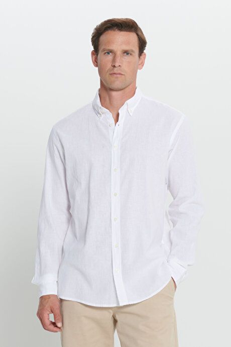 Linen Comfort Fit Relaxed Fit Button-down Collar White Shirt 4A2024200036BYZ