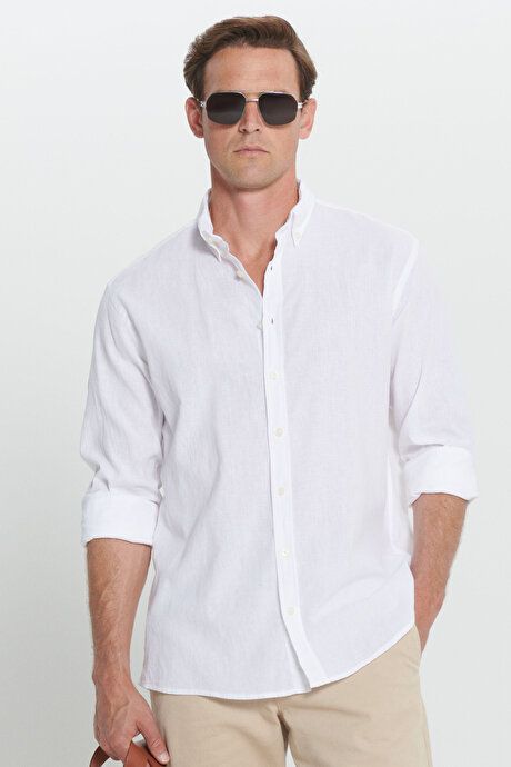 Linen Comfort Fit Relaxed Fit Button-down Collar White Shirt 4A2024200036BYZ