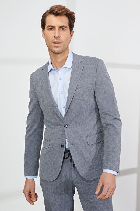 Slim Fit Slim Fit Mono Collar Seersucker Patterned Gray Suit 4A3023200019GRI