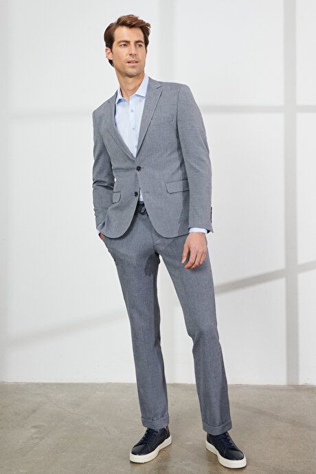 Slim Fit Slim Fit Mono Collar Seersucker Patterned Gray Suit 4A3023200019GRI