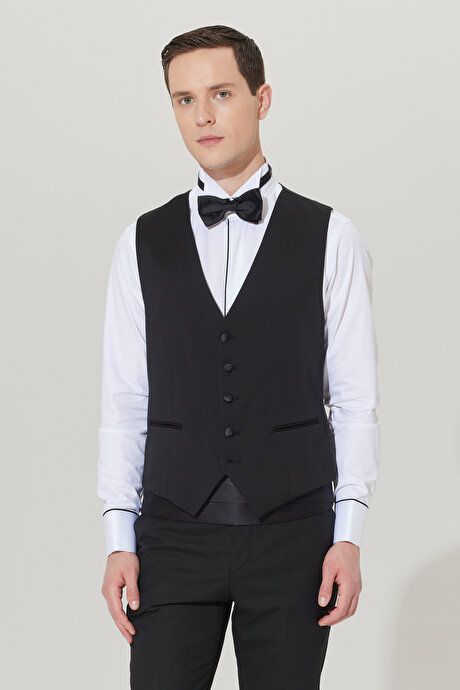 Slim Fit Slim Fit V-Neck Patterned Classic Black Vest 4A3400000001SYH