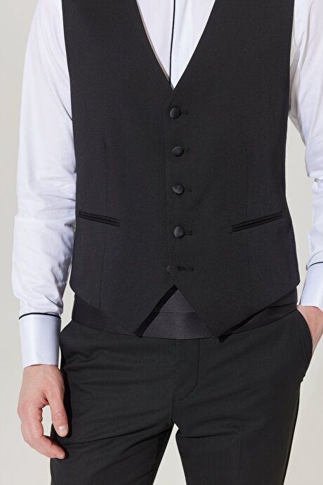 Slim Fit Slim Fit V-Neck Patterned Classic Black Vest 4A3400000001SYH