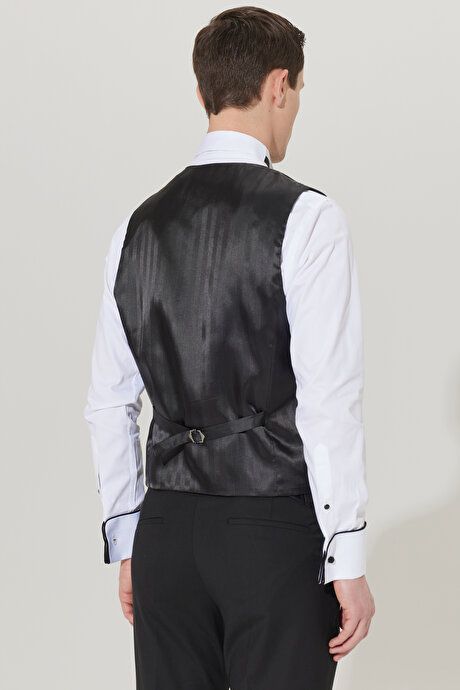 Slim Fit Slim Fit V-Neck Patterned Classic Black Vest 4A3400000001SYH