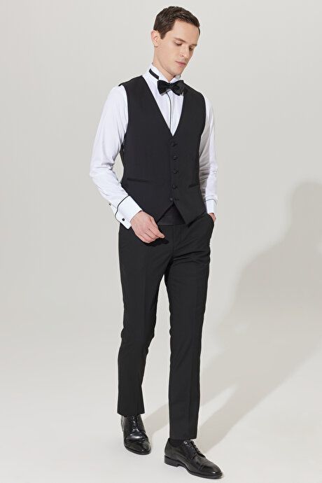 Slim Fit Slim Fit V-Neck Patterned Classic Black Vest 4A3400000001SYH