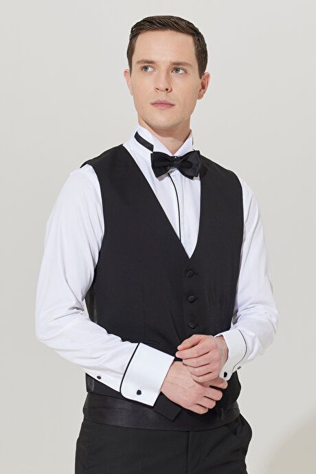 Slim Fit Slim Fit V-Neck Patterned Classic Black Vest 4A3400000001SYH