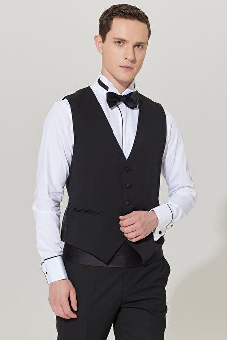 Slim Fit Slim Fit V-Neck Patterned Classic Black Vest 4A3400000001SYH