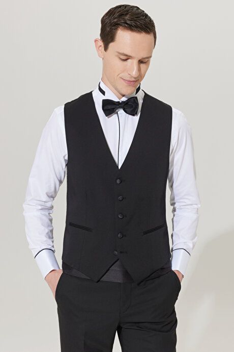 Slim Fit Slim Fit V-Neck Patterned Classic Black Vest 4A3400000001SYH