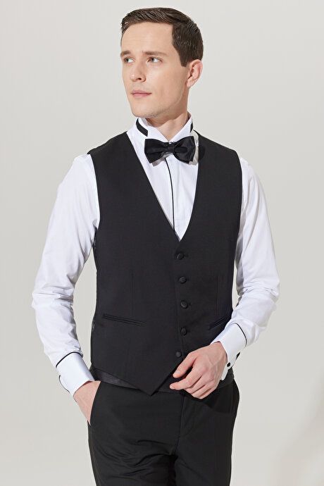 Slim Fit Slim Fit V-Neck Patterned Classic Black Vest 4A3400000001SYH