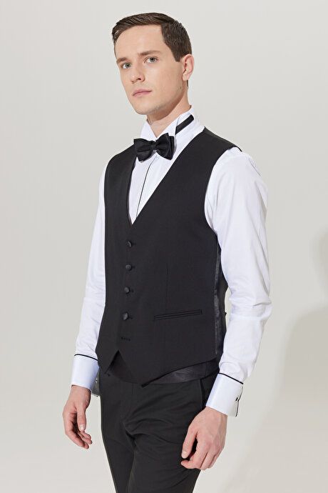 Slim Fit Slim Fit V-Neck Patterned Classic Black Vest 4A3400000001SYH