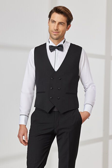 Slim Fit Slim Fit V-Neck Patterned Classic Black Vest 4A3400000002SYH