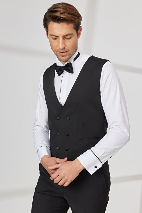 Slim Fit Slim Fit V-Neck Patterned Classic Black Vest 4A3400000002SYH